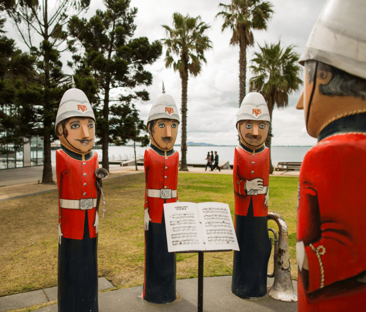 Geelong bollards - band in uniform made from wood on the geelong waterfront