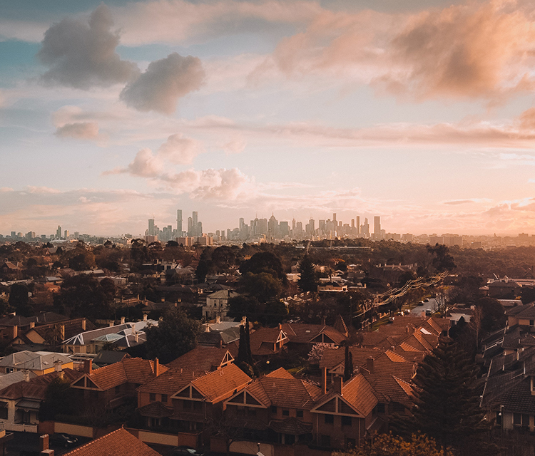 Panoramic image of Melbourne city and surrounding suburbs at sunset