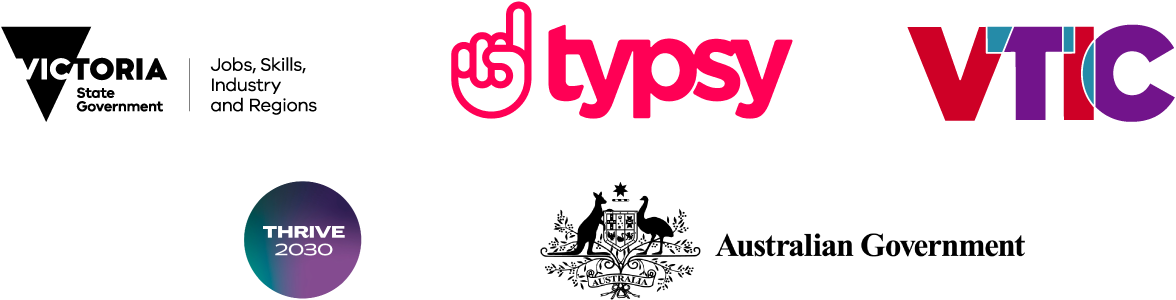 Logos for The Australian Government, Typsy, VTIC, Thrive 2030 and Victorian Government